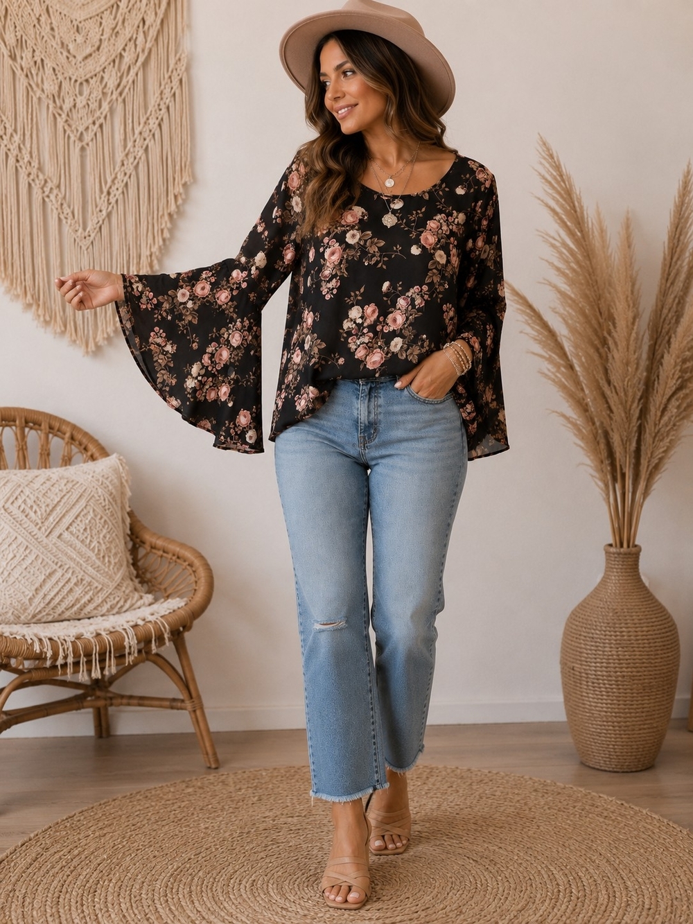 HIP Floral Bell Sleeve Boho Blouse Women's Black Pink Peasant Top Medium